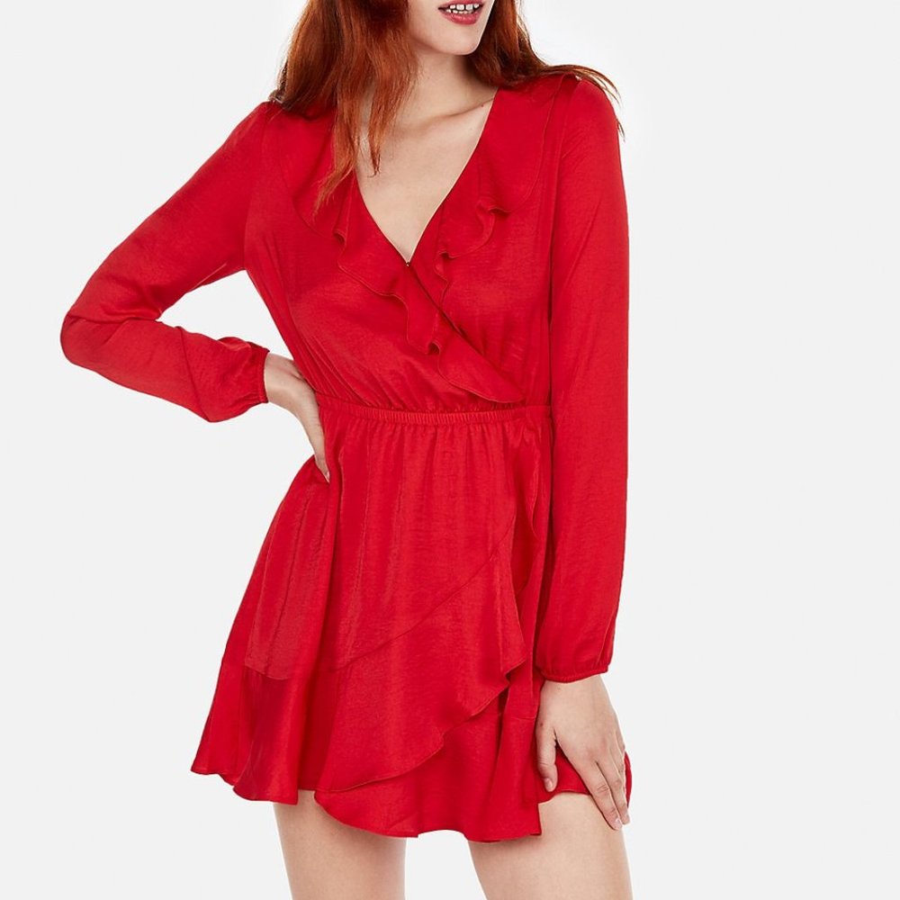 EXPRESS  RUFFLE ELASTIC WAIST WRAP DRESS IN RED XXS